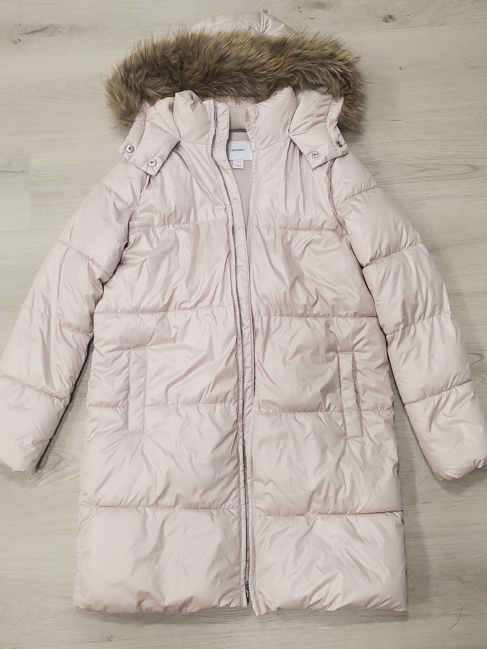 Old Navy Pale Pink Girls' Long Puffer Coat with Faux Fur Hood